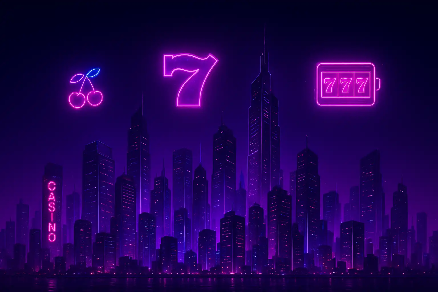 Neon nighttime metropolis skyline behind Westio Casino slot symbols