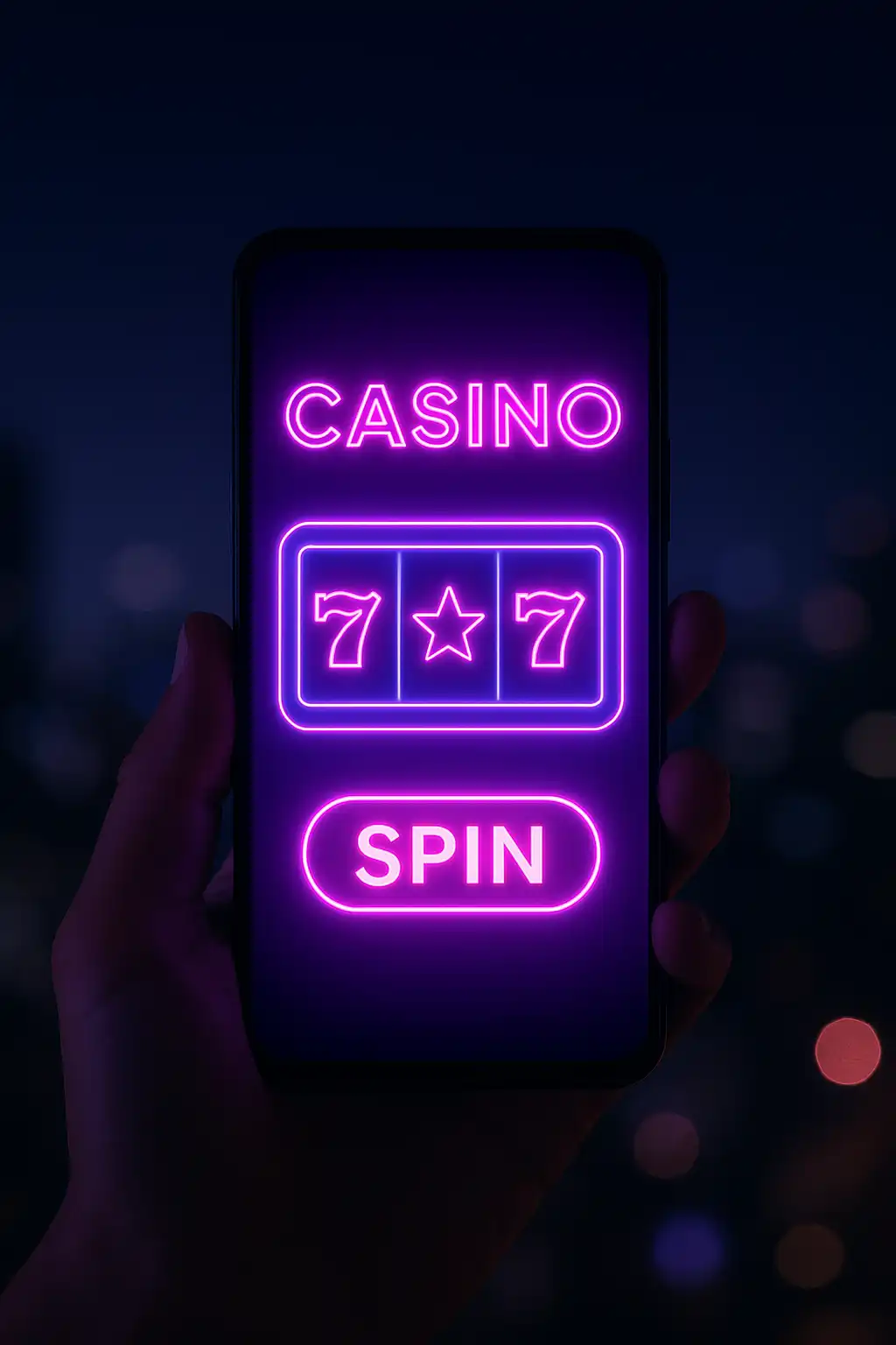 Smartphone displaying Westio Casino's neon purple and pink mobile slot interface